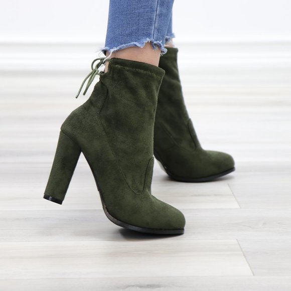 Round Toe Olive Suede Ankle Heeled Boots, Booties - Picture 5 of 13